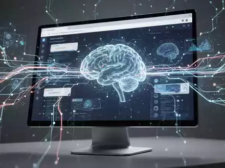 Leuchtendes neuronales Netzwerk über einer Browser-Oberfläche auf einem Monitor, symbolisiert KI-Integration und Datenfluss. - Foto: über boerse-global.de