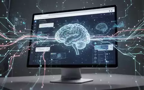 Leuchtendes neuronales Netzwerk über einer Browser-Oberfläche auf einem Monitor, symbolisiert KI-Integration und Datenfluss. - Foto: über boerse-global.de