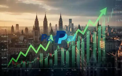 Digitale Aktienchart mit grünen Pfeilen, Finanzdaten, dezentem PayPal-Logo und europäischer Stadtsilhouette. - Foto: über boerse-global.de
