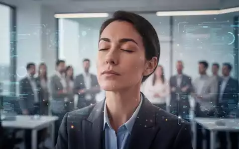Eine Person mit geschlossenen Augen in einem modernen Büro, umgeben von digitalen und menschlichen Elementen, die Hypnose und hybrides Lernen symbolisieren. - Foto: über boerse-global.de