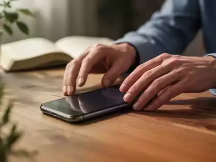 Hände legen ein Smartphone auf einem Holztisch ab, umgeben von unscharfen Pflanzen und Büchern, die eine digitale Auszeit symbolisieren. - Foto: über boerse-global.de
