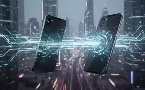 Zwei moderne Smartphones, die über ein schnell leuchtendes digitales Netzwerk Daten austauschen, vor einer verschwommenen Stadtlandschaft. - Foto: über boerse-global.de