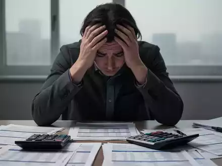 Eine gestresste Person sitzt an einem Schreibtisch mit Finanzdokumenten und einem Taschenrechner und hält den Kopf in den Händen. - Foto: über boerse-global.de