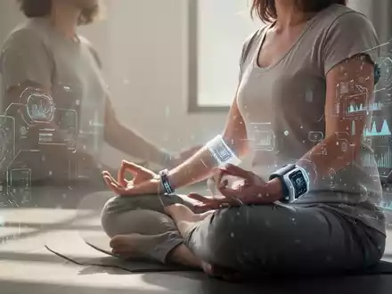 Eine Person meditiert in einer ruhigen Umgebung, umgeben von sanftem Licht und angedeuteter biometrischer Technologie. - Foto: über boerse-global.de