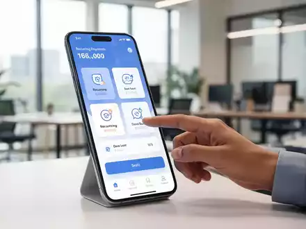 Stilisierte Smartphone mit Bezahl-App, gehalten von Kleinunternehmer im modernen Büro. - Foto: über boerse-global.de