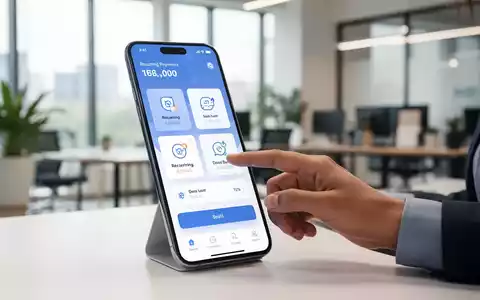 Stilisierte Smartphone mit Bezahl-App, gehalten von Kleinunternehmer im modernen Büro. - Foto: über boerse-global.de