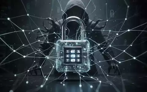 Digitales Vorhängeschloss, verwoben mit einem leuchtenden Netzwerk, symbolisiert Passkey-Sicherheit, mit einer schattenhaften Bedrohung im Hintergrund. - Foto: über boerse-global.de