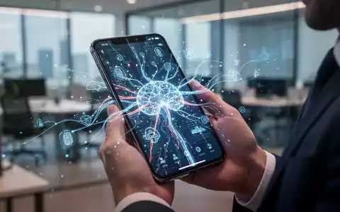 Ein Smartphone-Bildschirm zeigt ein abstraktes, leuchtendes neuronales Netzwerk, das KI-Funktionen in mobilen Apps symbolisiert. - Foto: über boerse-global.de