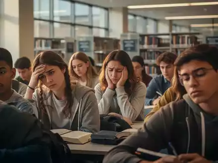 Eine Gruppe von Studierenden in einer Universitätsbibliothek, einige sehen nachdenklich oder gestresst aus, umgeben von Büchern und Laptops. - Foto: über boerse-global.de