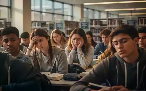 Eine Gruppe von Studierenden in einer Universitätsbibliothek, einige sehen nachdenklich oder gestresst aus, umgeben von Büchern und Laptops. - Foto: über boerse-global.de