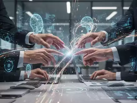 Menschliche Hände und KI-Elemente arbeiten an einer digitalen Schnittstelle zusammen, symbolisieren digitale Transformation und hybride Teams in einem modernen Büro. - Foto: über boerse-global.de