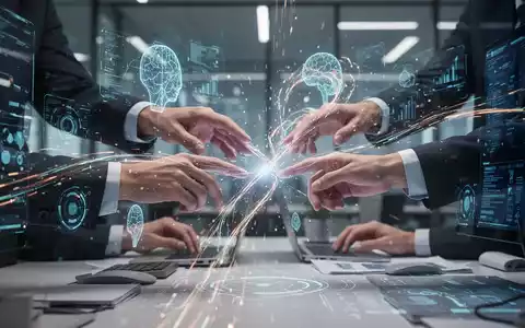 Menschliche Hände und KI-Elemente arbeiten an einer digitalen Schnittstelle zusammen, symbolisieren digitale Transformation und hybride Teams in einem modernen Büro. - Foto: über boerse-global.de