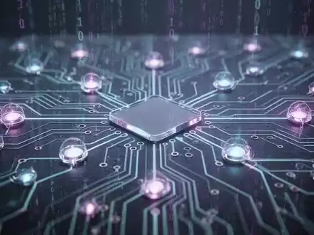 Nahaufnahme einer leuchtenden Leiterplatte mit vernetzten Knoten, die digitale Technologie und Regulierung symbolisiert. - Foto: über boerse-global.de