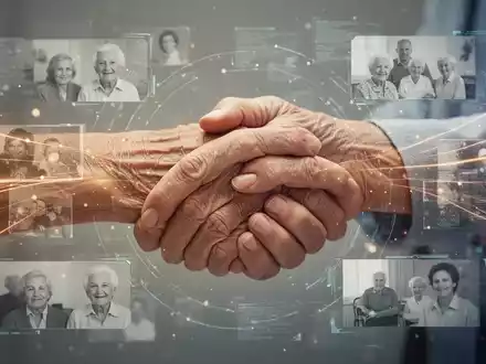Eine fürsorgliche Hand hält sanft die Hand einer älteren Person, umgeben von verschwommenen digitalen Erinnerungselementen. - Foto: über boerse-global.de