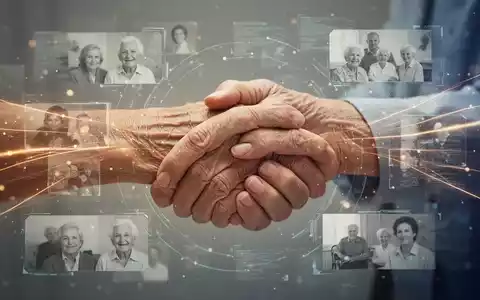Eine fürsorgliche Hand hält sanft die Hand einer älteren Person, umgeben von verschwommenen digitalen Erinnerungselementen. - Foto: über boerse-global.de