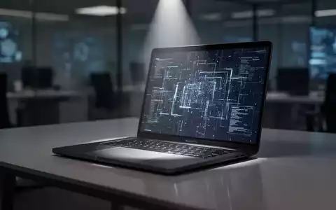Schlankes Space Black Apple MacBook Pro auf minimalistischem Schreibtisch, Bildschirm mit abstrakten digitalen Daten. - Foto: über boerse-global.de
