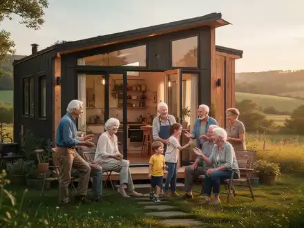 Ein modernes Tiny House in einer grünen Landschaft, umgeben von einer Familie mehrerer Generationen. Symbolisiert nachhaltiges und gemeinschaftliches Wohnen. - Foto: über boerse-global.de