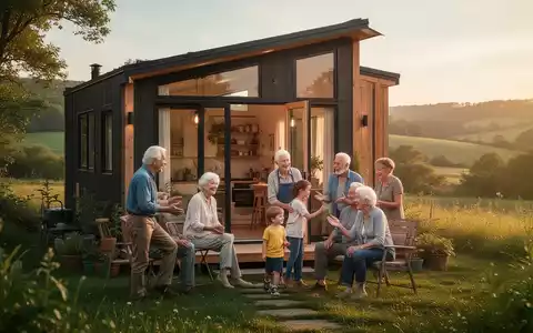 Ein modernes Tiny House in einer grünen Landschaft, umgeben von einer Familie mehrerer Generationen. Symbolisiert nachhaltiges und gemeinschaftliches Wohnen. - Foto: über boerse-global.de