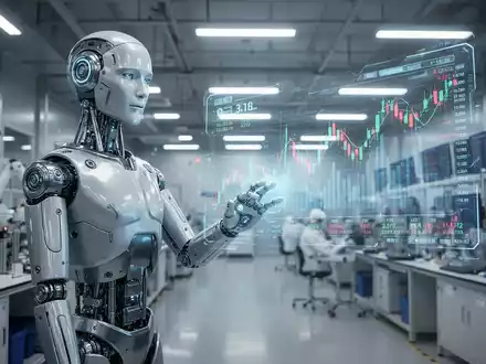 Schlanker humanoider Roboter in moderner Anlage, Hand zu holografischer Finanzdaten-Projektion ausgestreckt, symbolisiert Marktwachstum. - Foto: über boerse-global.de