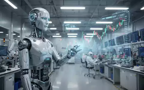 Schlanker humanoider Roboter in moderner Anlage, Hand zu holografischer Finanzdaten-Projektion ausgestreckt, symbolisiert Marktwachstum. - Foto: über boerse-global.de