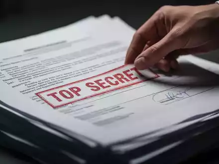 Ein Stapel verschwommener, offiziell aussehender Dokumente mit einem roten „TOP SECRET“-Stempel, auf den eine Hand ein weiteres Dokument legt. - Foto: über boerse-global.de