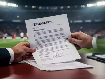 Hand eines Fußballtrainers, der ein Kündigungsschreiben auf einem Schreibtisch mit verschwommenem Stadionhintergrund hält. - Foto: über boerse-global.de