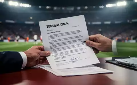 Hand eines Fußballtrainers, der ein Kündigungsschreiben auf einem Schreibtisch mit verschwommenem Stadionhintergrund hält. - Foto: über boerse-global.de