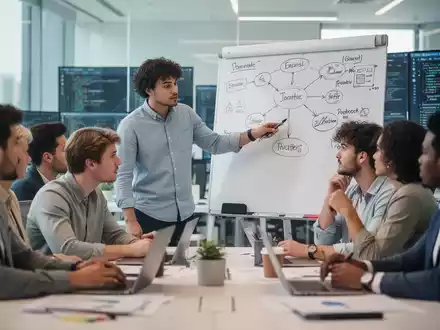 Eine Gruppe junger Fachkräfte diskutiert in einem modernen Büro, eine Person zeigt auf ein Whiteboard mit Diagrammen. Die Szene betont menschliche Interaktion und kritisches Denken. - Foto: über boerse-global.de