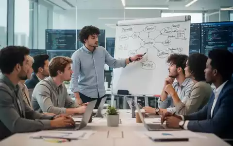 Eine Gruppe junger Fachkräfte diskutiert in einem modernen Büro, eine Person zeigt auf ein Whiteboard mit Diagrammen. Die Szene betont menschliche Interaktion und kritisches Denken. - Foto: über boerse-global.de