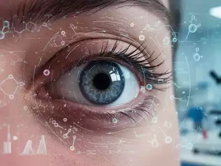 Nahaufnahme eines menschlichen Auges mit subtilen digitalen Überlagerungen, die medizinische Daten oder Mikronährstoffe darstellen. - Foto: über boerse-global.de
