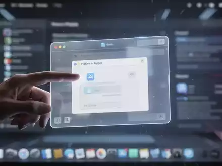 Leuchtendes, durchscheinendes macOS-Fenster im Bild-in-Bild-Modus über verschwommener Desktop-Oberfläche. Eine Hand greift danach. - Foto: über boerse-global.de
