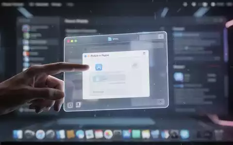 Leuchtendes, durchscheinendes macOS-Fenster im Bild-in-Bild-Modus über verschwommener Desktop-Oberfläche. Eine Hand greift danach. - Foto: über boerse-global.de
