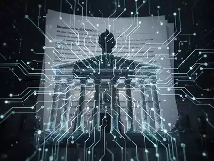 Leuchtende neuronale Netzwerkplatine, verwoben mit der Silhouette eines Rechtsdokuments, Symbol für KI im Recht. - Foto: über boerse-global.de