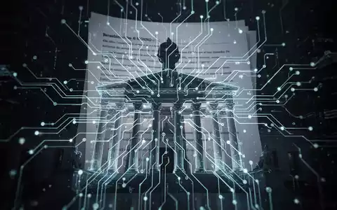 Leuchtende neuronale Netzwerkplatine, verwoben mit der Silhouette eines Rechtsdokuments, Symbol für KI im Recht. - Foto: über boerse-global.de