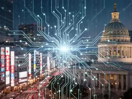 Leuchtendes neuronales Netzwerk über Tokio und dem Illinois State Capitol, Symbol für KI-Regulierung. - Foto: über boerse-global.de
