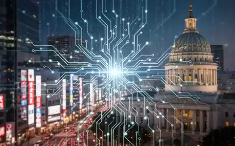 Leuchtendes neuronales Netzwerk über Tokio und dem Illinois State Capitol, Symbol für KI-Regulierung. - Foto: über boerse-global.de