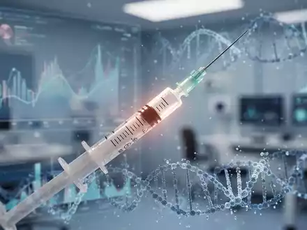 Eine Nahaufnahme einer medizinischen Spritze, umgeben von verschwommenen Datenvisualisierungen und abstrakten genetischen Mustern, die medizinische Innovation und komplexe biologische Faktoren symbolisieren. - Foto: über boerse-global.de