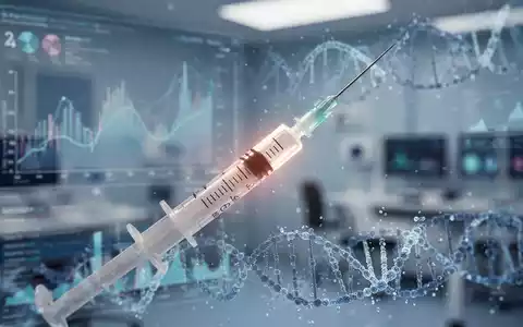 Eine Nahaufnahme einer medizinischen Spritze, umgeben von verschwommenen Datenvisualisierungen und abstrakten genetischen Mustern, die medizinische Innovation und komplexe biologische Faktoren symbolisieren. - Foto: über boerse-global.de