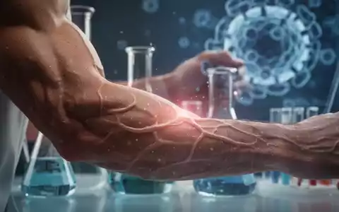 Nahaufnahme eines muskulösen Arms, der Stärke und Gesundheit symbolisiert, mit unscharfem wissenschaftlichem Hintergrund. - Foto: über boerse-global.de