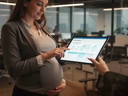 Eine schwangere Frau arbeitet in einem modernen Büro und nutzt ein Tablet für eine Gefährdungsbeurteilung. Fokus auf Mutterschutz und Sicherheit. - Foto: über boerse-global.de