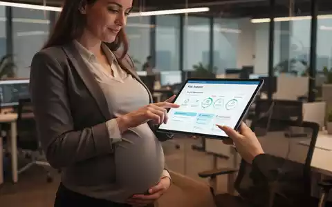 Eine schwangere Frau arbeitet in einem modernen Büro und nutzt ein Tablet für eine Gefährdungsbeurteilung. Fokus auf Mutterschutz und Sicherheit. - Foto: über boerse-global.de