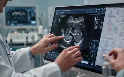 Nahaufnahme der Hände eines Arztes, der eine Nierenultraschallaufnahme auf einem Bildschirm untersucht, mit medizinischen Geräten im Hintergrund. - Foto: über boerse-global.de
