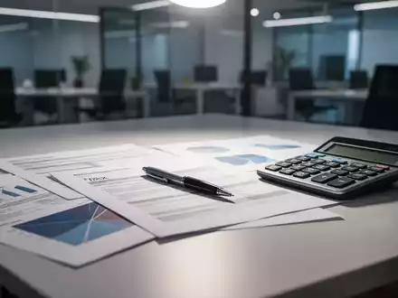 Ein stilisierter moderner Schreibtisch mit abstrakten juristischen Dokumenten, einem Stift und einem Taschenrechner unter gedämpftem Licht. - Foto: über boerse-global.de