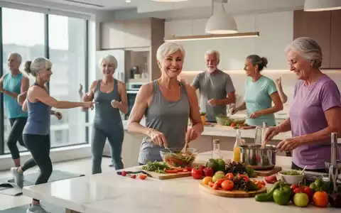 Gruppe von aktiven, gesunden Erwachsenen über 40 Jahren, die in einer modernen Küche oder einem Fitnessstudio trainieren oder kochen. - Foto: über boerse-global.de