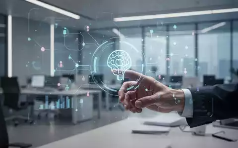 Eine menschliche Hand interagiert mit einer holographischen Schnittstelle, die KI-Symbole und Daten in einem modernen Büroumfeld anzeigt. - Foto: über boerse-global.de