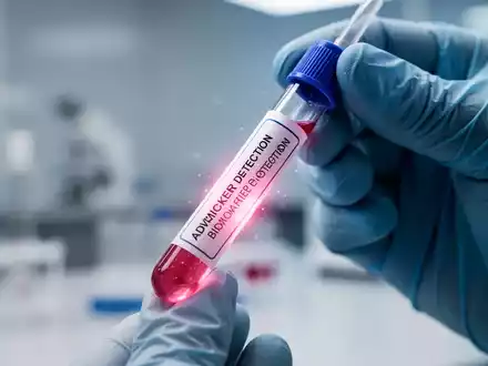 Nahaufnahme eines Reagenzglases für Blutdiagnostik, das von einer behandschuhten Hand in einer Laborumgebung gehalten wird. - Foto: über boerse-global.de