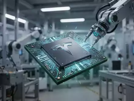 Nahaufnahme eines futuristischen Mikrochips, der blau und grün leuchtet, gehalten von einem Roboterarm in einer Hightech-Anlage. - Foto: über boerse-global.de