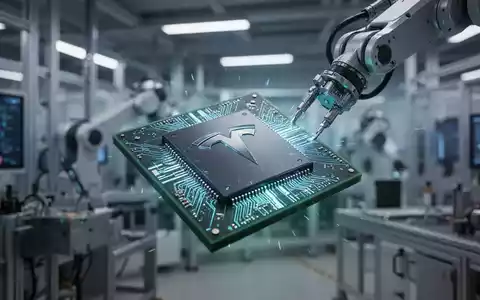 Nahaufnahme eines futuristischen Mikrochips, der blau und grün leuchtet, gehalten von einem Roboterarm in einer Hightech-Anlage. - Foto: über boerse-global.de