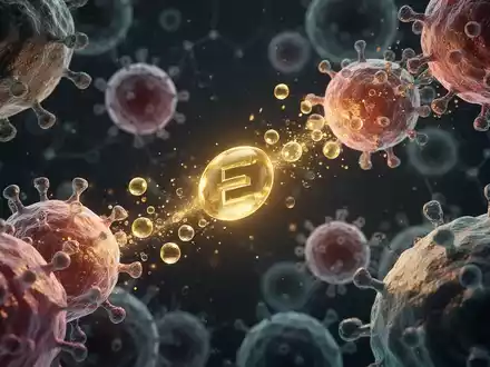 Mikroskopische Ansicht von Zellen und leuchtenden Vitamin-E-Molekülen, die mit Immunzellen interagieren, vor dunklem Hintergrund. - Foto: über boerse-global.de