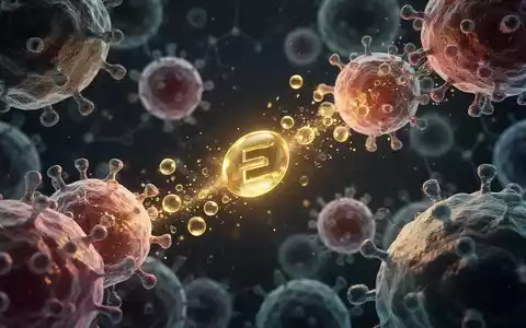 Mikroskopische Ansicht von Zellen und leuchtenden Vitamin-E-Molekülen, die mit Immunzellen interagieren, vor dunklem Hintergrund. - Foto: über boerse-global.de